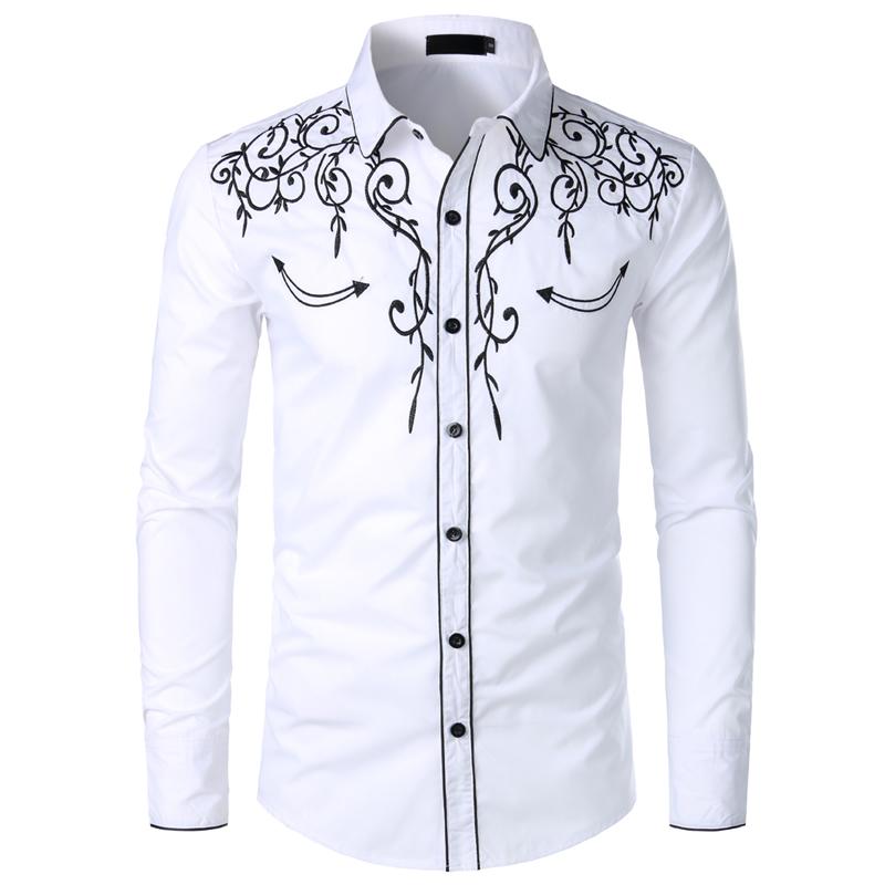 Stylish Shirt Men Embroidery Slim Fit Casual Long Sleeve Shirts Mens Wedding Party Shirt for Male