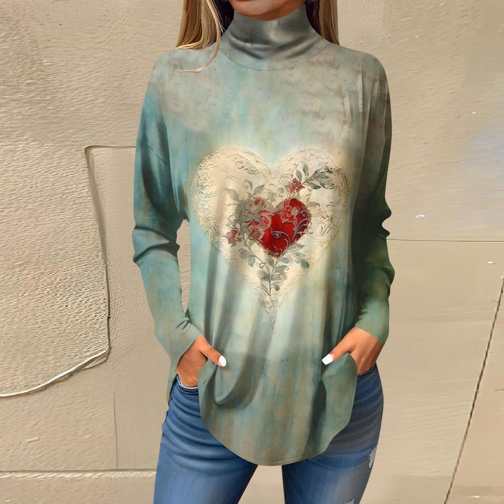 Футболки для женщин, осенние повседневные рубашки с длинными рукавами, толстовка с винтажным принтом, топ с высоким воротом, пуловер