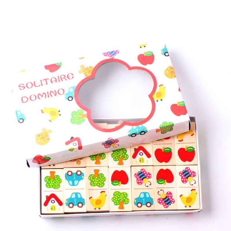 28 шт. Деревянное домино Фрукты Животные Пазл Когнитивные строительные блоки Штабелируемые игрушки Монтессо Дети Учатся Развивающая игрушка Подарок