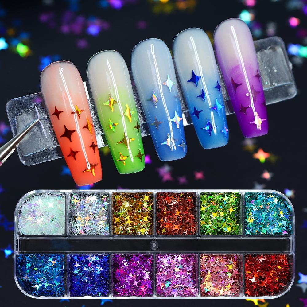 12 сеток, блестящие блестки со звездами для дизайна ногтей, голографический звездный дизайн маникюра, украшение для УФ-гель-лака, аксессуары для ногтей