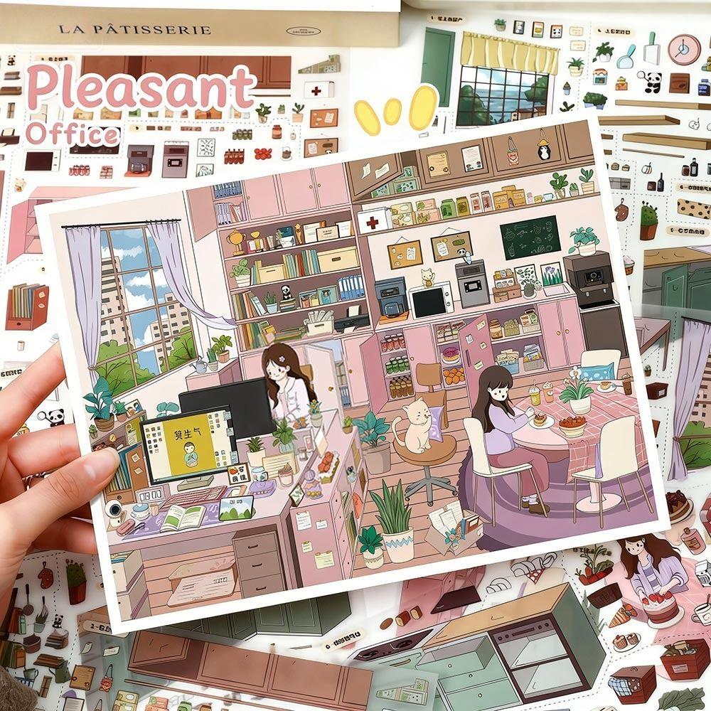 Kawaii Design Landscape Sticker Comfortable Work Dessert Theme Pocket Scene Sticker Cabin Scene DIY Sticker Festival Decoration