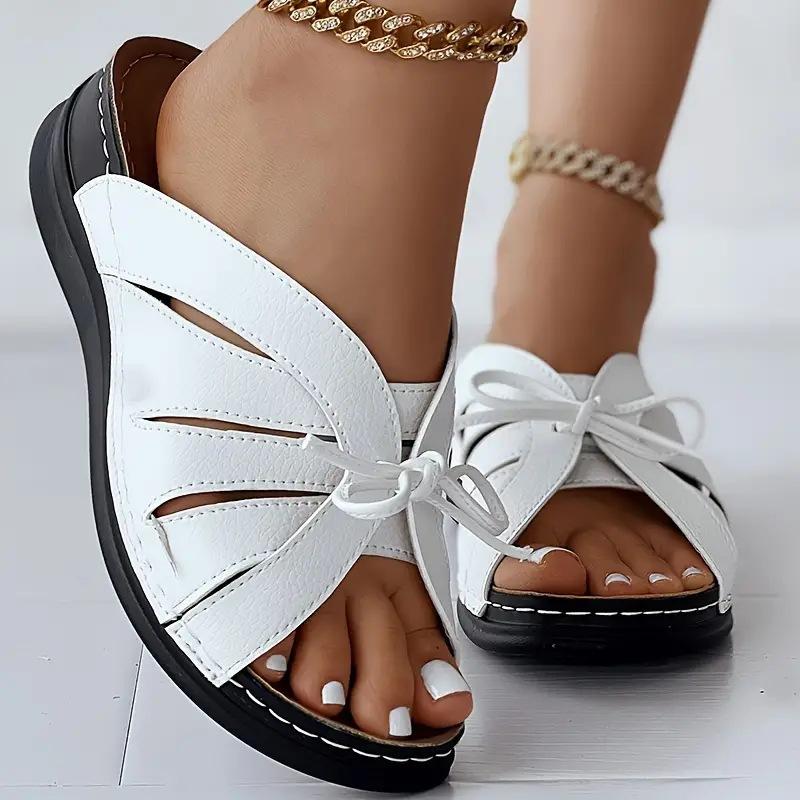 Large size bow flat bottom slope heel shake line hollow cool slippers 2025 new summer foreign trade fish mouth slippers