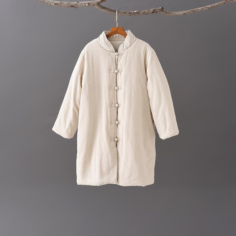 Winter New Loose Retro Stand-up Collar Buckle Linen Medium and Long Cotton-padded Women's Warm Cotton-padded Clothes