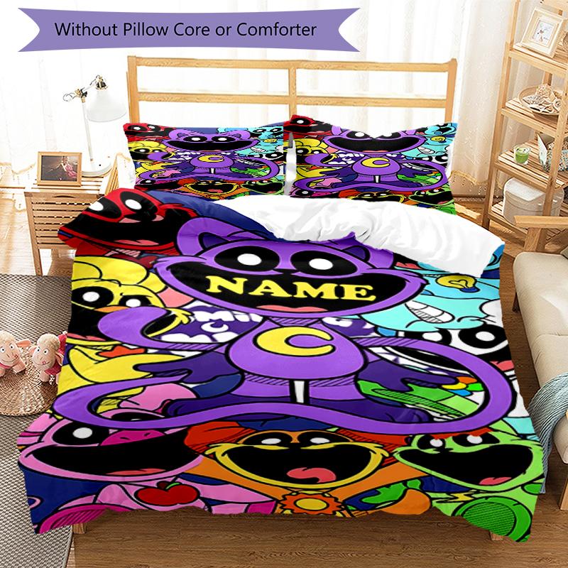 3pcs Custom Name Smiling Critters Bedding Set Duvet Cover Closure Includes 1 Duvet Cover & 2 Pillowcases, Soft and Comfortable for All Seasons.