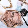 Women High Waist Cross Lace-up Briefs Lightweight Lace Trim Hip Lifting
