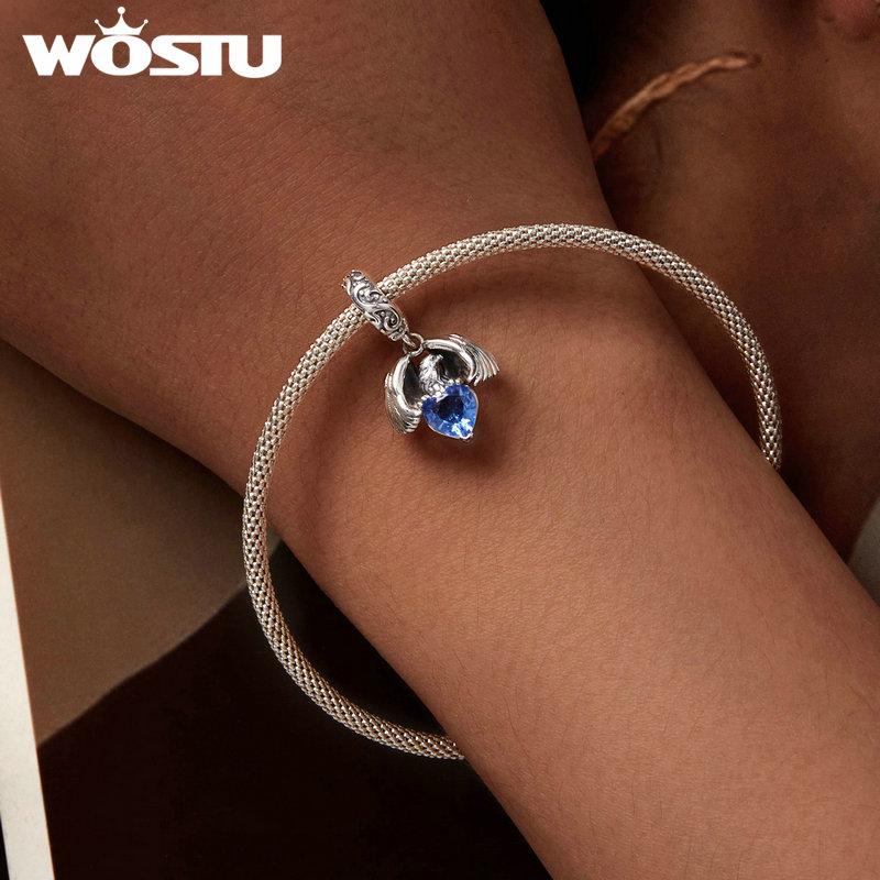 WOSTU Стерлингового серебра 925 пробы, белый орел, подвесная бусина, синий циркон, кулон, яркие подвески в виде рыси, бусины в форме кошки для женщин, браслет и ожерелье, ювелирные изделия