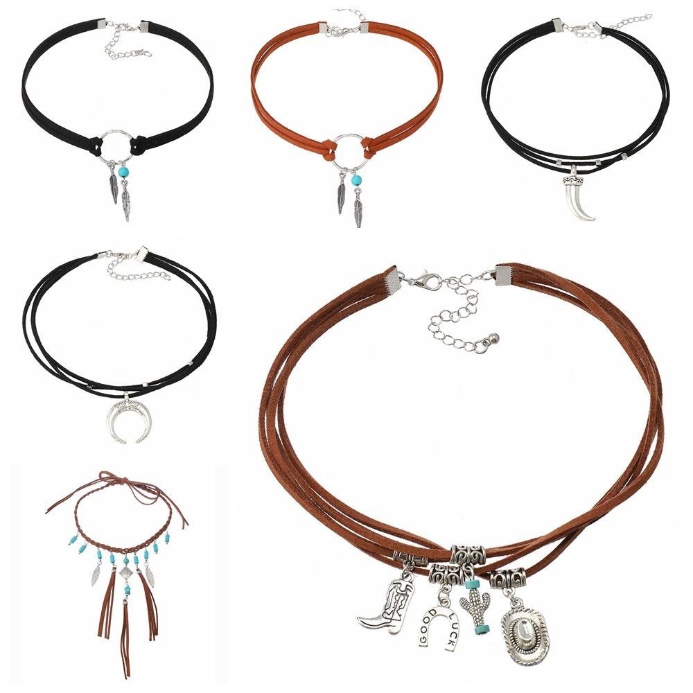 Ethnic Style Turquoise Stone Necklace Woven Rope Bohemian Necklace Trendy Leaf Tassel Choker  Gift