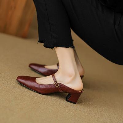 Летние женские сумки, тапочки, удобные тапочки на высоком каблуке, облегающие стопу, кожаные, подошва из говяжьей кожи, сандалии, квадратный носок, новые полушлепанцы для женщин