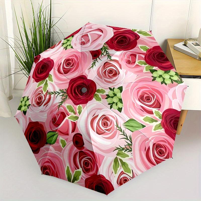 Roses,Floral Themed Automatic Folding Umbrella 8 Ribs Durable Iron Frame, Vibrant Color Design, Compact Travel Umbrella for Beach, Outdoor