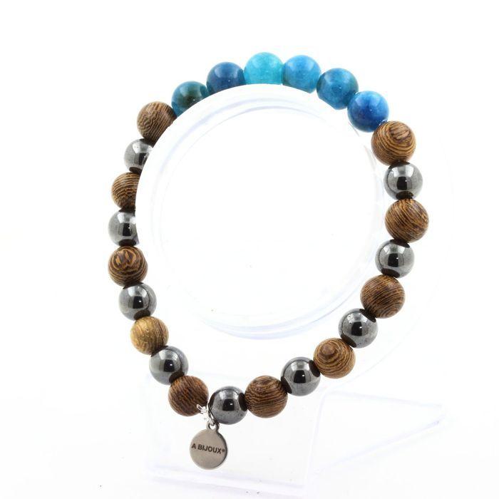 Stones and Minerals. Apatite + Hematite + Wood Pearl Bracelet 8 Mm. Made In France.