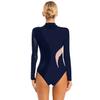 Womens Color Block Patchwork Leotard Sparkling Rhinestone Sheer Mesh Long Sleeve Bodysuit for Gymnastics Acrobatics Dance