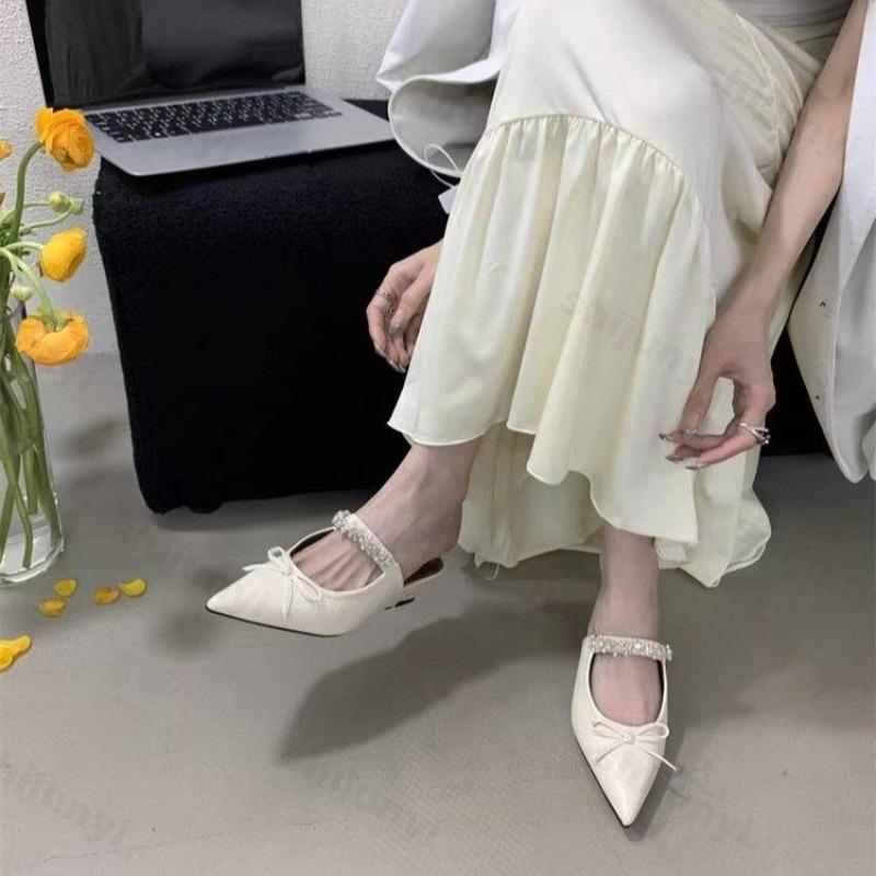 Fashion Women's High-heel Slippers Fashion Non Slip Silver Bowtie Mary Jane Female Pointed Toe Retro Gladiator Soft-soled 2025 Slippers