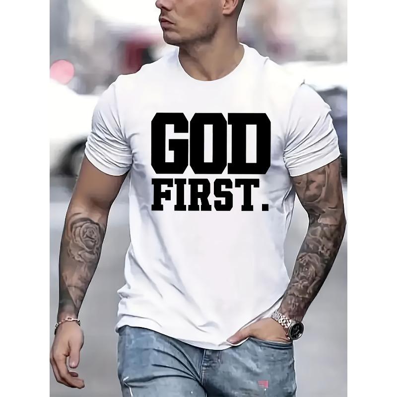 Европейские размеры Мужская графическая футболка "GOD FIRST" - Смелый белый текст на черном, Повседневная летняя футболка с круглым вырезом
