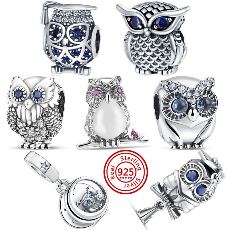 Original Design 925 Sterling Silver Owl Style Pavé Shiny Beads Fit Charms Bracelet Necklace Fashion Jewelry Making