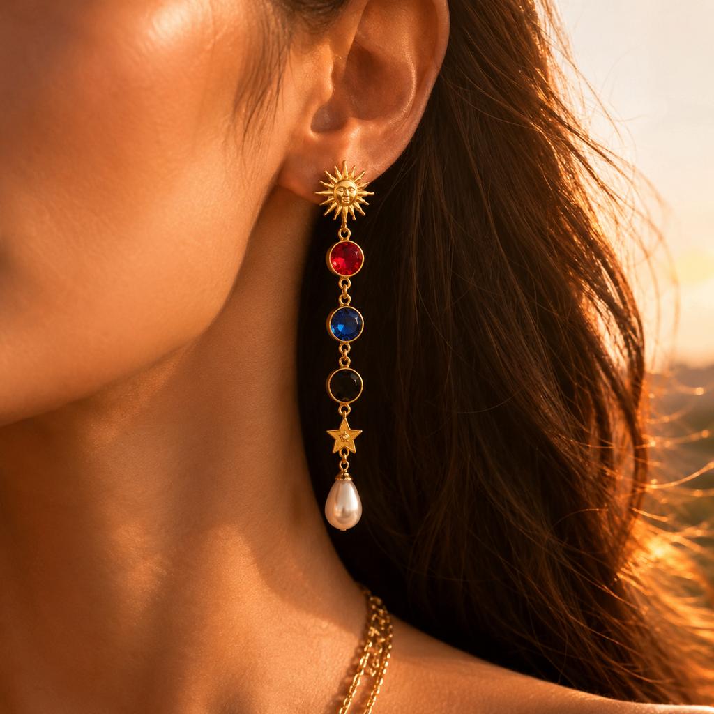 Gold Color Sun Moon Colorful Cubic Zirconia Pearl Tassel Earrings for Women Stainless Steel Long Dangle Party Jewelry Gifts Set