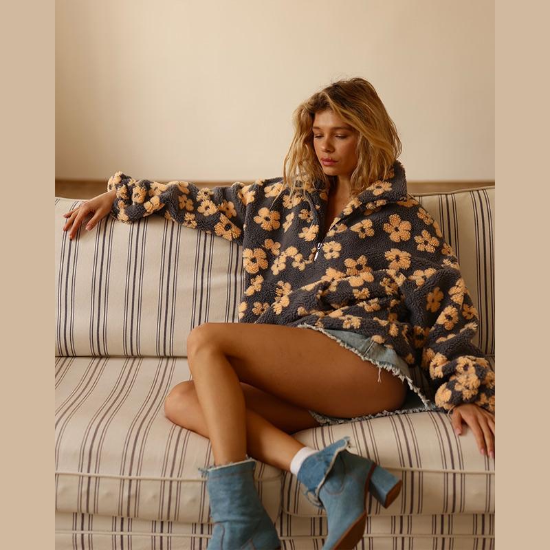 Флисовая толстовка женская с цветочным принтом, теплая, из овечьего флиса, со стойкой воротником, на молнии, свободная, мягкая, пуловер, осень/зима 2025