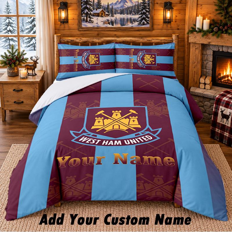 West Ham United FC Pattern Bedding 3Pcs Set Custom Name, Bed Sheet And Pillowcases For Home Bedroom