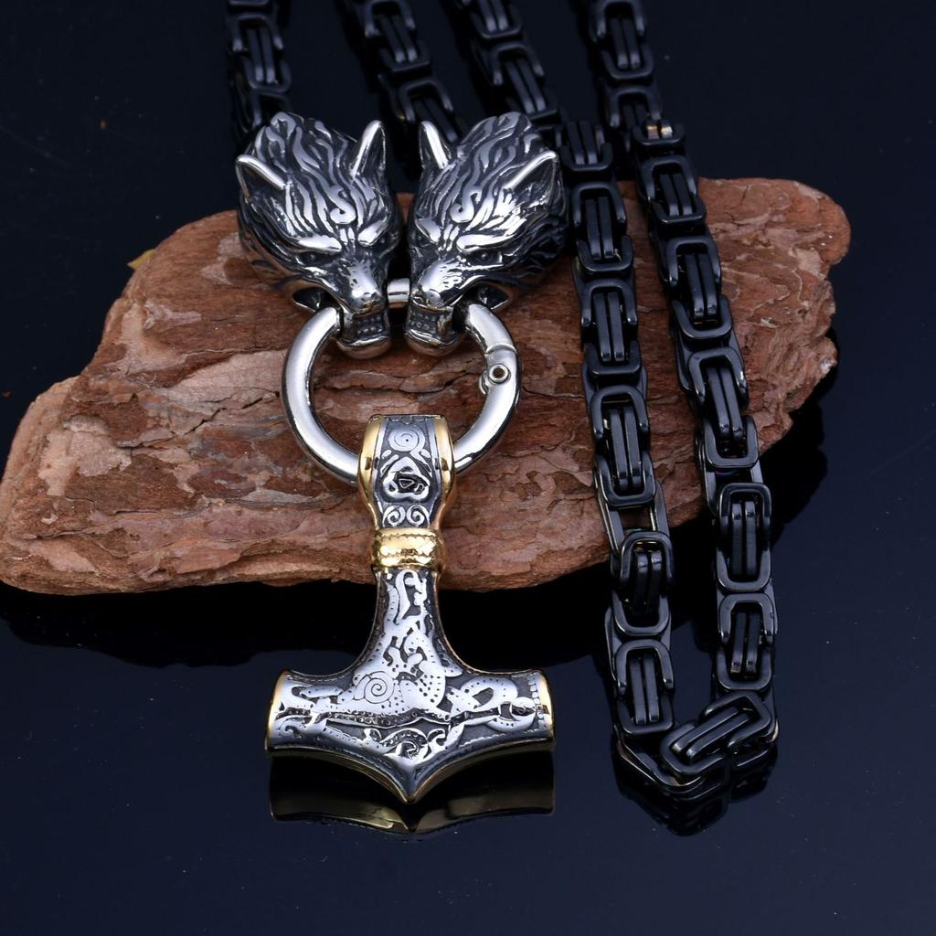 Популярное мужское ожерелье из нержавеющей стали с головой волка викингов, Молот Тора, ожерелье, императорская цепочка, ожерелье 