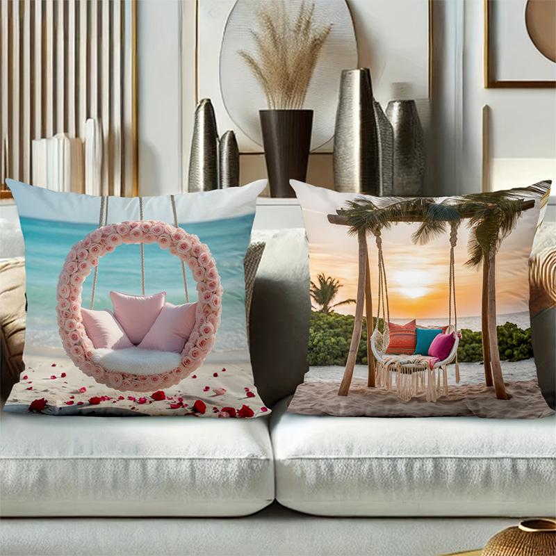 Цветочные подушки для качелей, дизайн «Закат на пляже с глицинией», полиэстеровая наволочка, декоративная подушка для дивана, подушка для изголовья