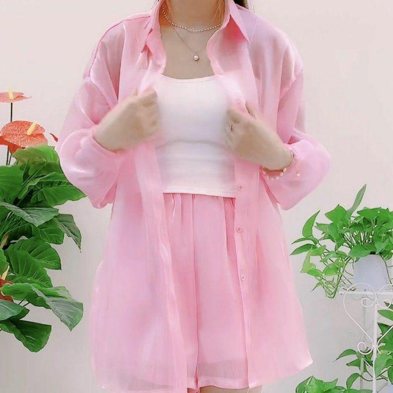 Однотонная свободная рубашка на пуговицах спереди, повседневная прозрачная тонкая рубашка с длинными рукавами на весну и осень, женская одежда