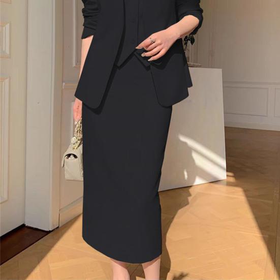 2 Pcs/Set Women Suit Coat Skirt Set Formal Business Style Long Sleeves Open Sticth Coat High Waist Slim Fit A-line Midi Skirt Outfit