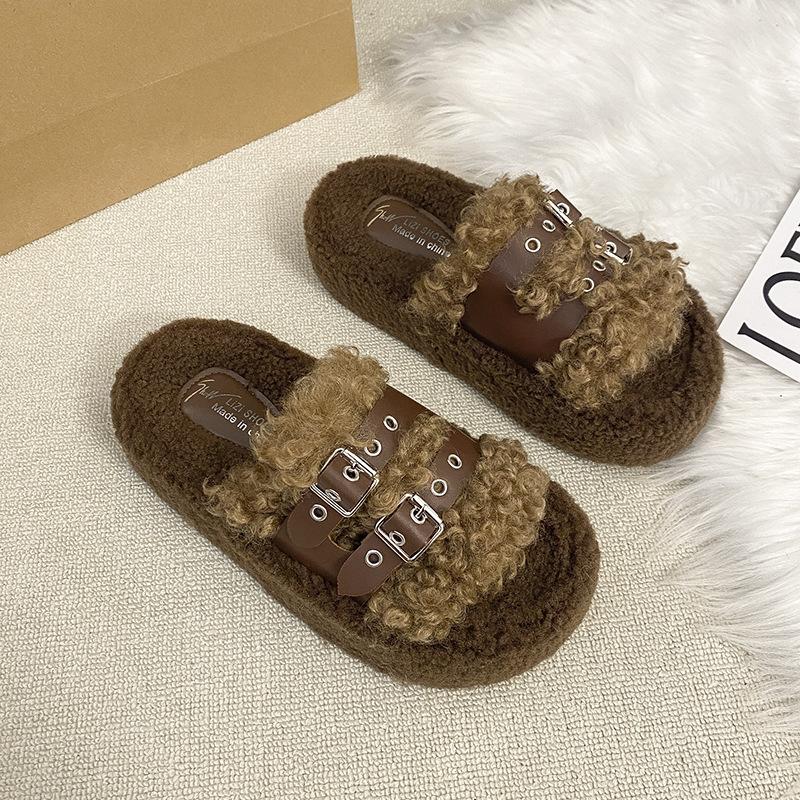 Женские пушистые тапочки на толстой подошве, новинка осени и зимы 2025, модные тапочки премиум-класса с пряжкой на ремешке, нескользящие хлопковые тапочки-моп для интернет-звезд