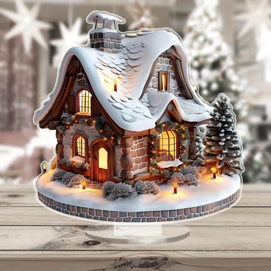 8 дюймов 2D Красочная Рождественская Снежная хижина Акриловое Настольное Украшение Семейная Деревня Миниатюрная Статуэтка Подарок на Тему Праздничного Дома