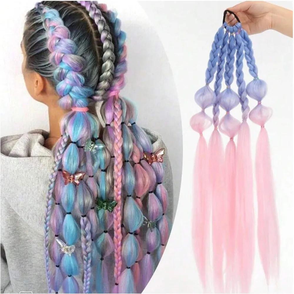 60СМ Цветная Коса-пузырь Синтетический Парик Модный Хип-хоп Цветной Градиент Женский Парик Имитация Натуральных Высокотемпературных Шелковых Волос