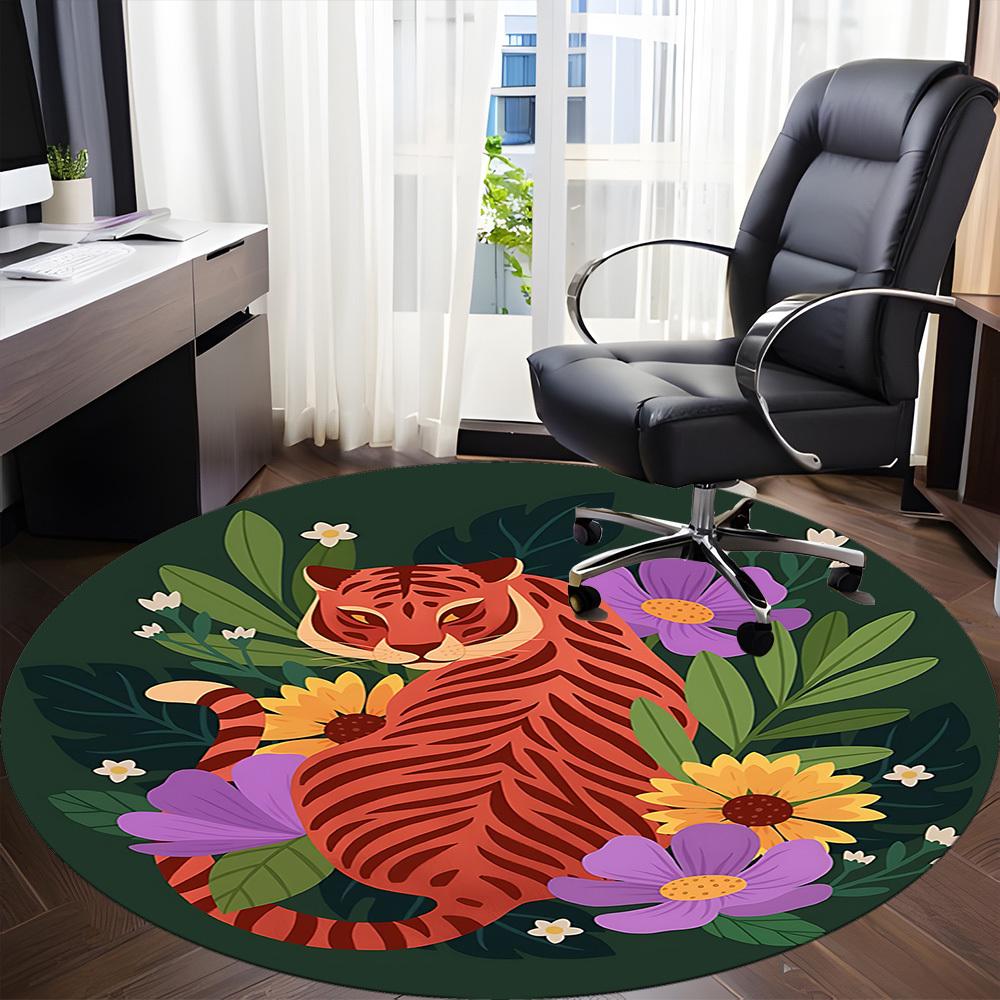 1pc Tiger Flowers Office Round Area Rug,  Mat Suitable For Office, Under Office Chairs Bedroom Living Room Home Decor, Room Deco