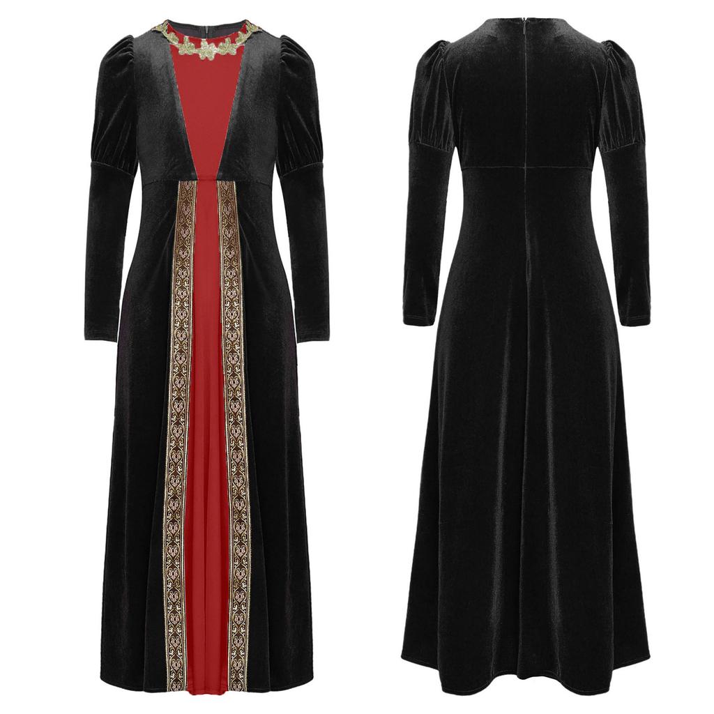 Girls Renaissance Dress Princess Medieval Long Sleeve Maxi Dress Gothic Cosplay Costume Halloween Role Playing Party Fancy Dress Gown