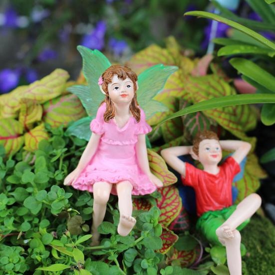 2 шт. Фигурки цветочных фей, смоляные миниатюрные украшения в виде фей, статуэтка девочки и мальчика для волшебного сада, украшение цветочного горшка в виде бонсай