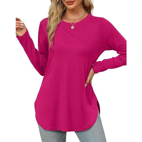 GMXIA Autumn Women's Solid Color Long Sleeve Top Round Neck Loose Casual Base Shirt
