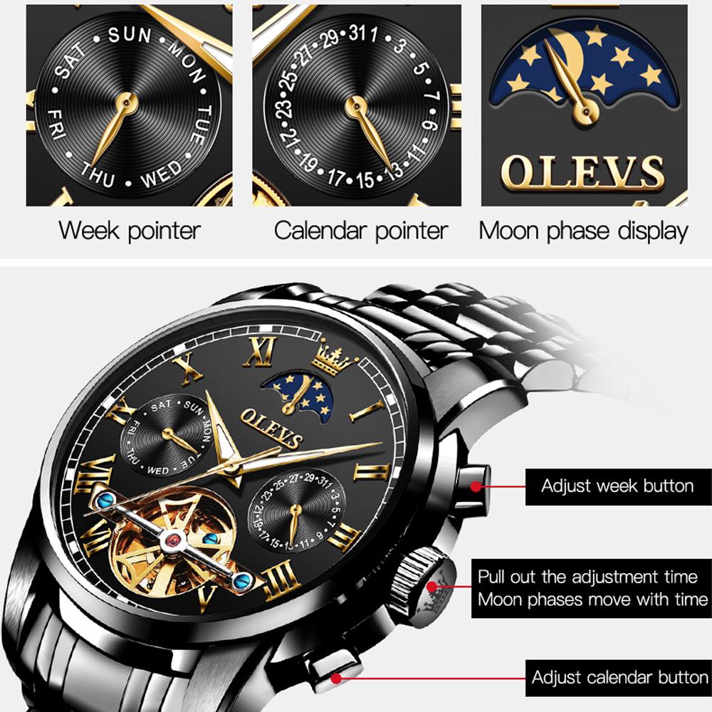 OLEVS Top Brand Tourbillon Luxury Watch Men Automatic Luminous Black Stainless Steel Clock Men Waterproof Mechanical Watch