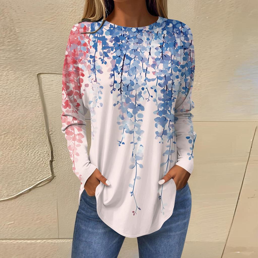 Женская свободная футболка с длинным рукавом с круглым вырезом и принтом, верхний пуловер