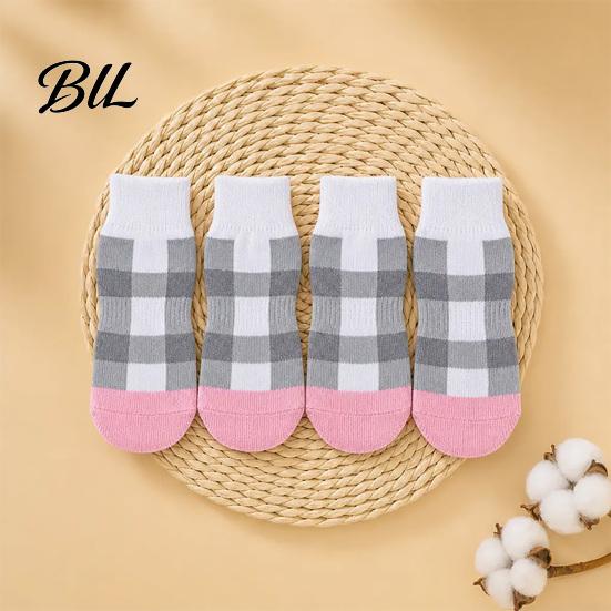 Dog Socks for Indoor Floors 4Pcs Plaid Socks, Anti-Slip Pet Paw Covers with Adjustable Straps, Breathable Ribbed Protectors Outdoor Walks Soft Knitted