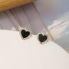 Retro Black Heart Silver Needle Earrings - Elegant Peach Heart Design with Diamonds