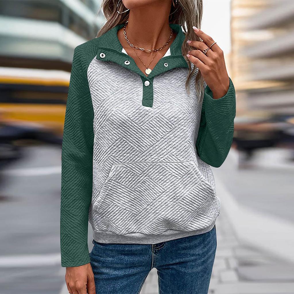 Женская повседневная и удобная толстовка с v-образным вырезом и воротником-стойкой контрастного цвета с длинными рукавами в стиле пэчворк