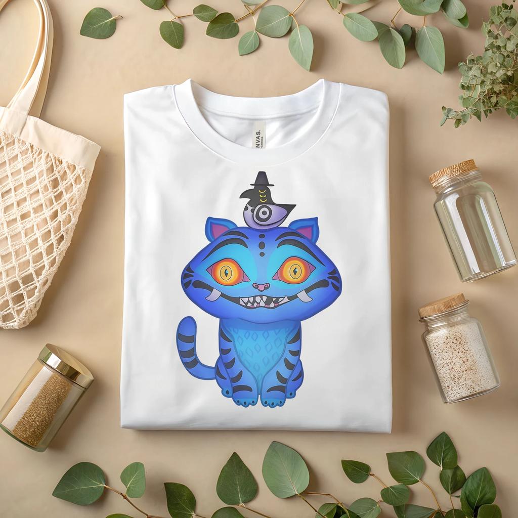 Blue Cartoon Cat Cute Witch Bird Graphic Tee, Halloween Spooky Fun Shirt A313