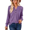 Spring Autumn Solid Color Top for Women V-neck Button Loose Long Sleeve T-shirt