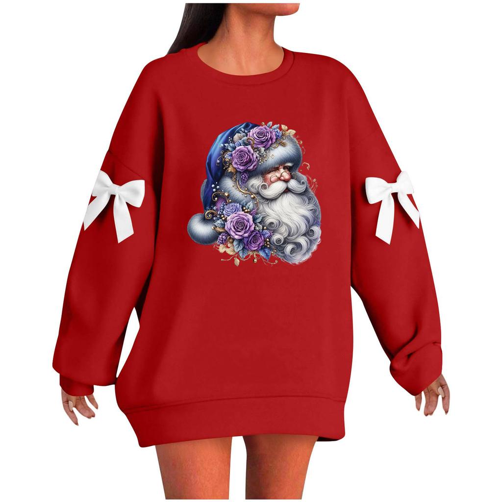 Ladies' Christmas Printed Bow Round Neck Long Sleeved Loose Pullover Sweater Sweatshirt Top