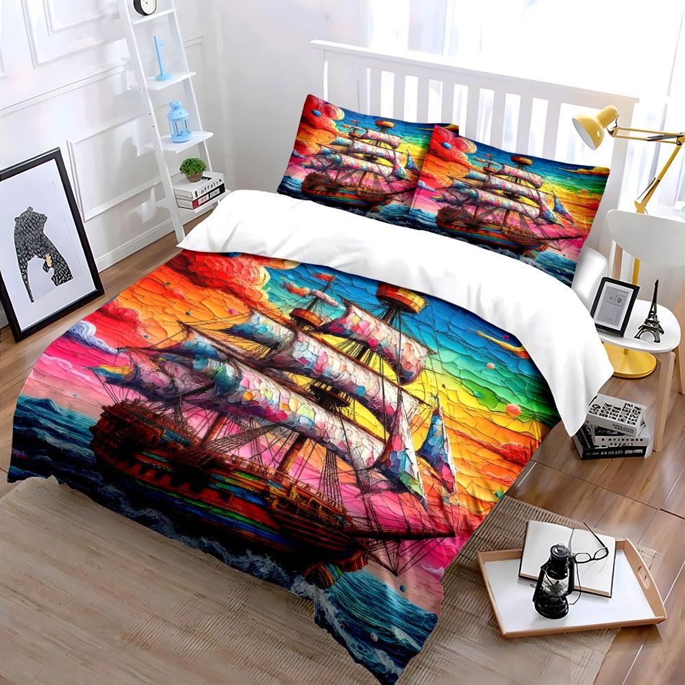 Colorful Ship Art Decor Set Bedding Set with 1 Duvet Cover 2 Pillowcases Single Double King Queen, Gift
