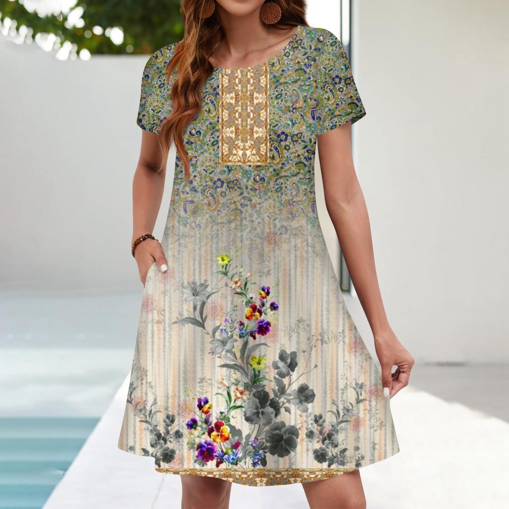 Summer Dresses For Women Beach Floral Sundress Short Sleeve Pockets Casual Tshirt Dress