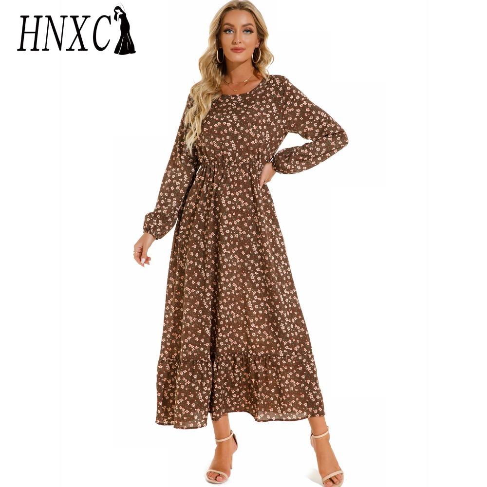 HNXC Весна Лето Богемный Женское Макси Платье Повседневный Длинный Рукав Высокая Талия Пляжное Платье Женские Цветочные Шифоновые Платья Vestidoes Mujer Новинка