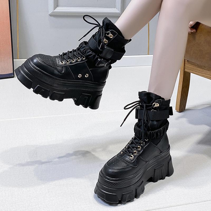 Ботильоны на толстой платформе в стиле панк, женские, черные, белые, с толстой подошвой, мотоциклетные, женские, осенне-зимние, со шнуровкой, короткие, женские