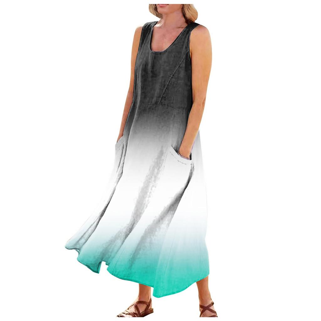 Женское повседневное удобное хлопковое карманное платье без рукавов с градиентным принтом