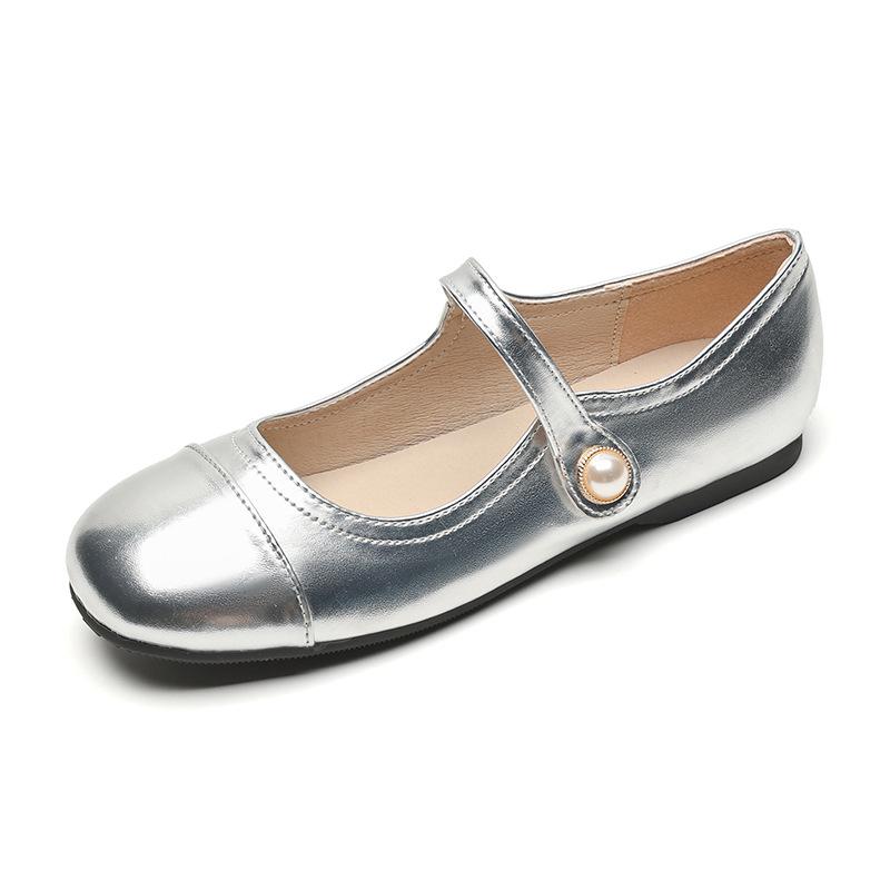 Weiwei Girl 128-3 Французские туфли Мэри Джейн женские на плоской подошве Серебряные туфли One Word со светлым жемчужным узором Мягкая подошва Одиночные туфли женские