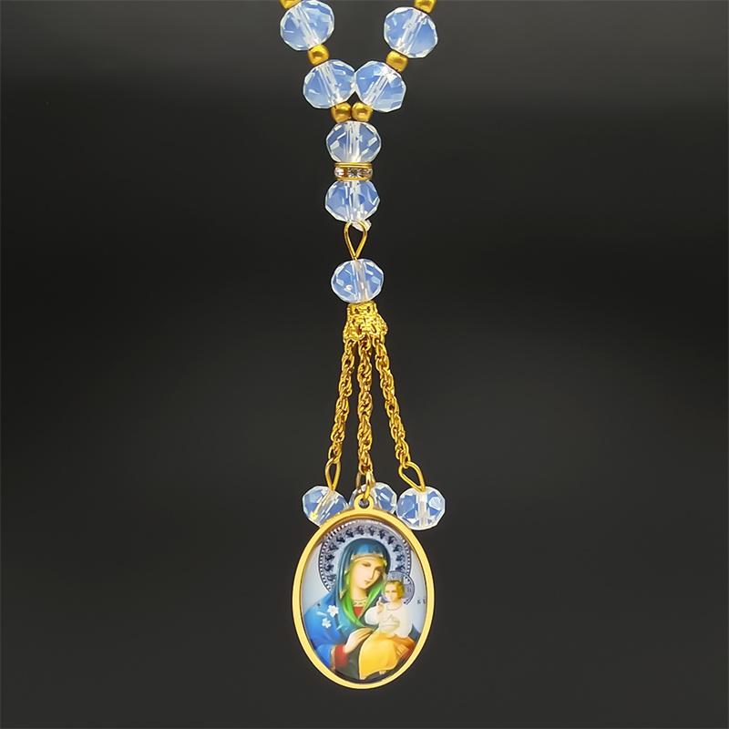 Virgin Mary Baby Jesus Glass Medal Car Pendant for Women Men Stainless Steel OUR LADY Catholic Amulet Prayer Beads Chain Jewelry