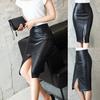 Женская кожаная облегающая юбка с высокой талией, офисная тонкая юбка с разрезом длиной до колена