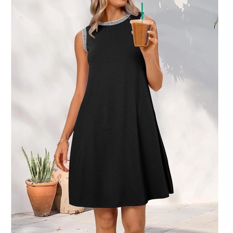 YYFS Женская мода лето весна однотонный принт без рукавов О-образный вырез свободная талия повседневные платья