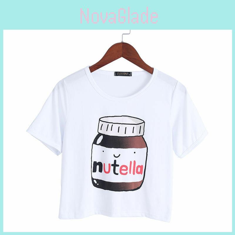 Харадзюку Женская Кавайная Повседневная Мода Футболки с Принтом Nutella Укороченные Топы Короткая Футболка